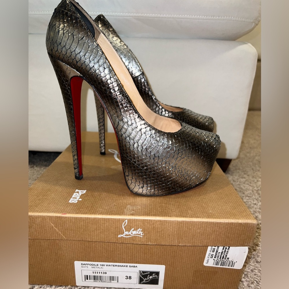 Christian Louboutin Daffodile 160 Platform Pump in Pewter Snakeskin 38